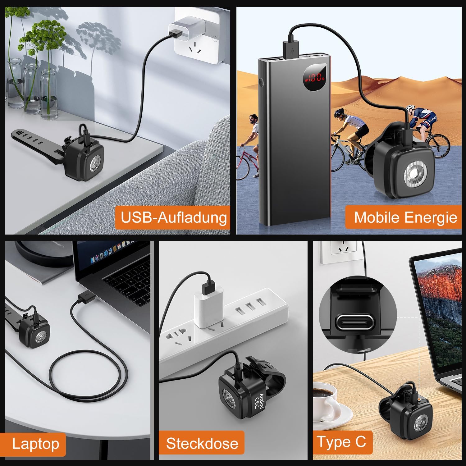 Antimi Fahrradleuchten-Set, StVZO-zugelassen Beleuchtungsset Led IPX5 Frontlicht + Rücklicht Fahrradlicht Set USB Typ C