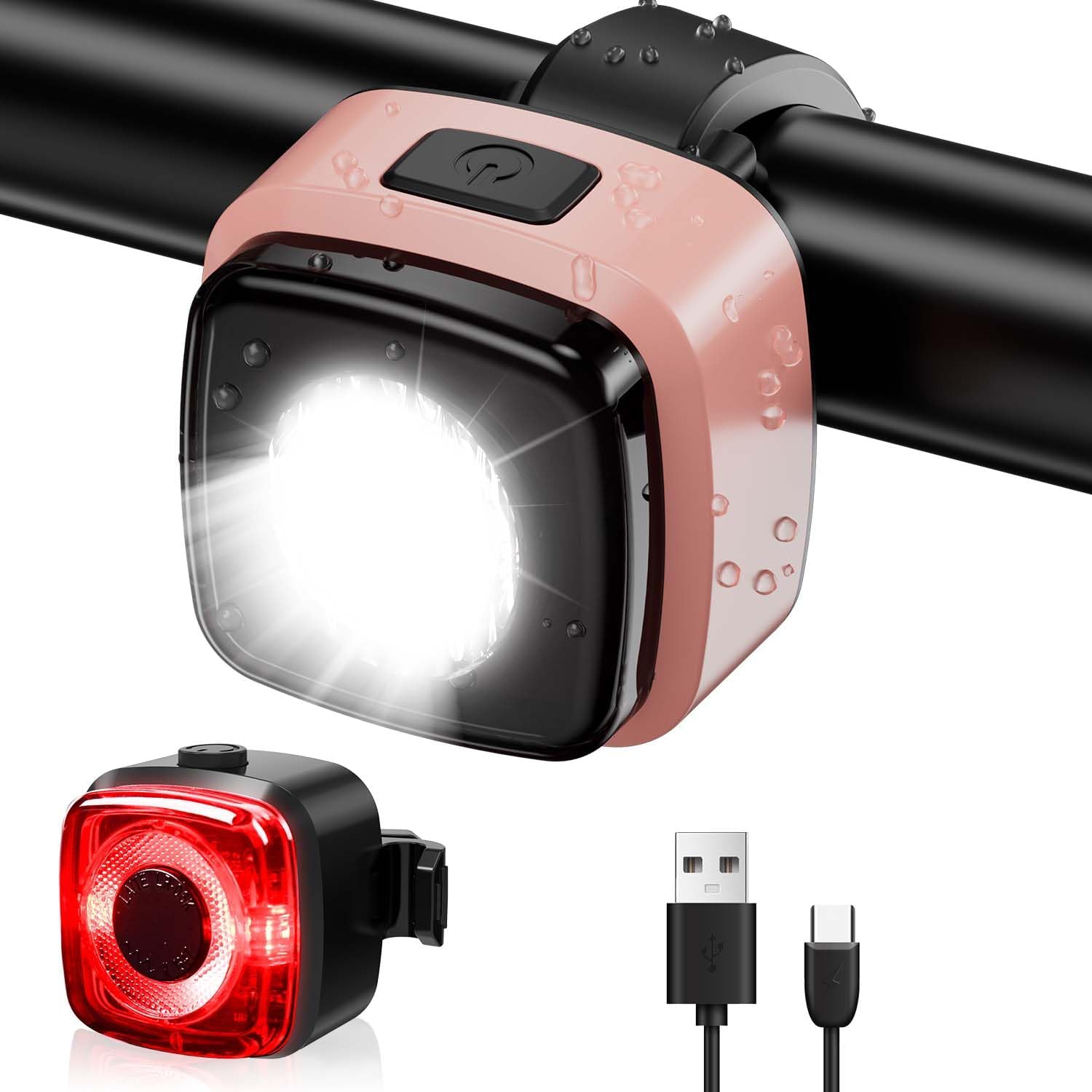 Antimi Fahrradleuchten-Set, StVZO-zugelassen Beleuchtungsset Led IPX5 Frontlicht + Rücklicht Fahrradlicht Set USB Typ C（Rosa）